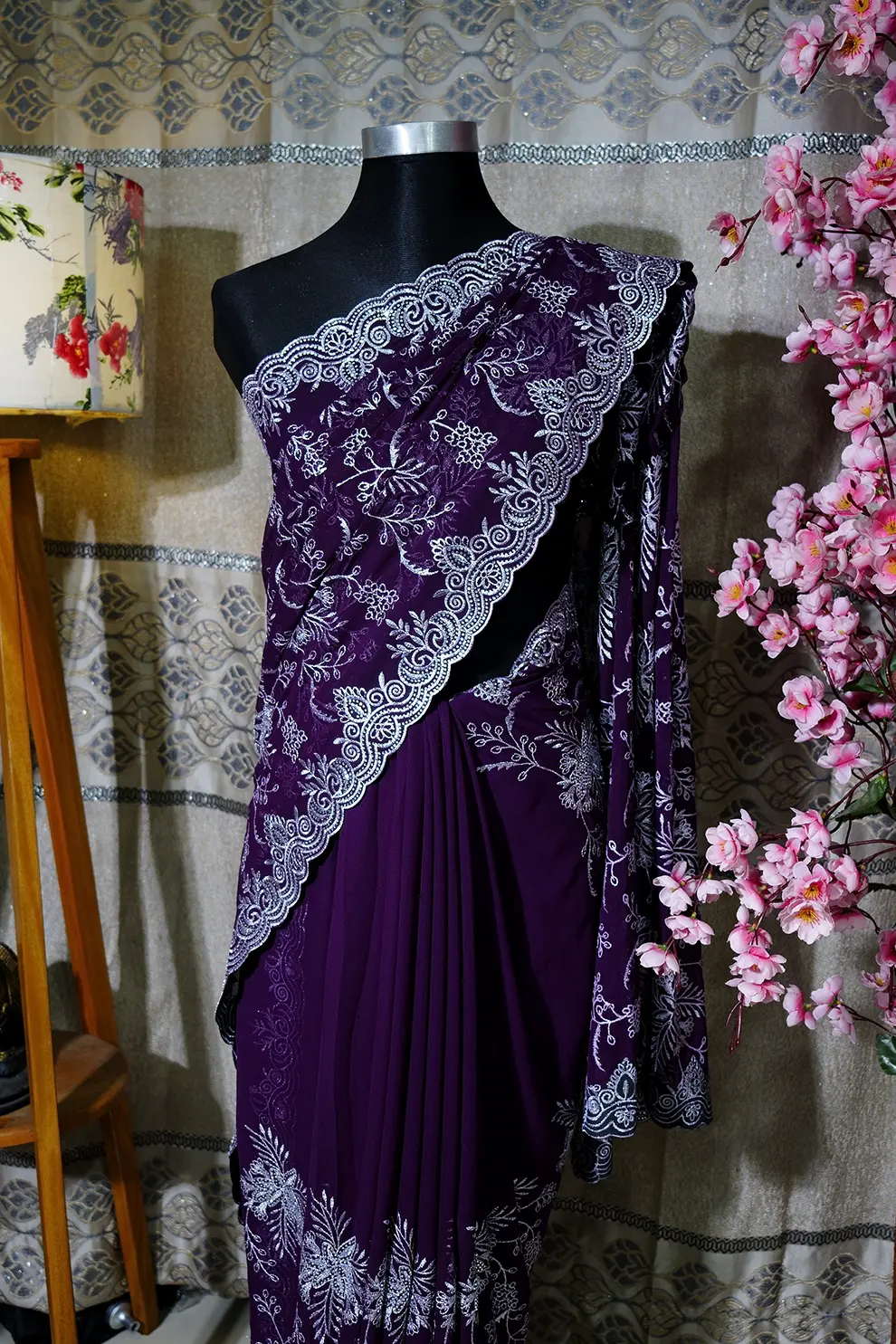 Wine Sarwaski Stone Silk Blend Saree with Embroidery